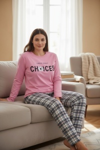 Pijama cu maneca lunga si pantaloni lungi din bumbac pentru dama COD PJ-278