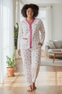Pijama cu maneca lunga si pantaloni lungi din bumbac pentru dama COD PJ-318