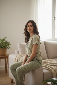 Pijama cu maneca scurta si pantaloni lungi din bumbac pentru dama COD PJ-218