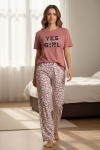 Pijama cu maneca scurta si pantaloni lungi din bumbac pentru dama COD PJ-198
