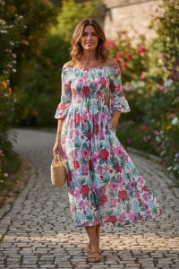 Rochie lunga de vara cu model floral elegant