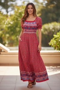 Rochie lunga de vara cu model floral elegant