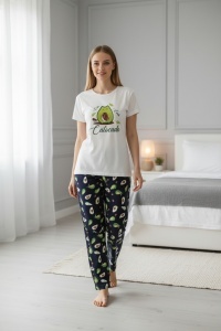 Pijama cu maneca scurta si pantaloni lungi din bumbac pentru dama COD PJ-205