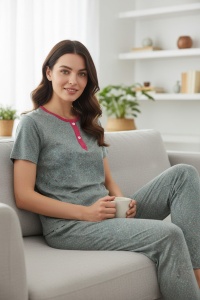 Pijama cu maneca scurta si pantaloni lungi din bumbac pentru dama COD PJ-215