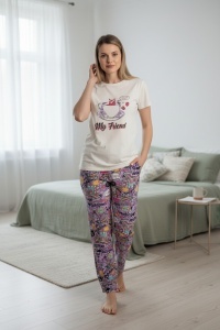 Pijama cu maneca scurta si pantaloni lungi din bumbac pentru dama COD PJ-202