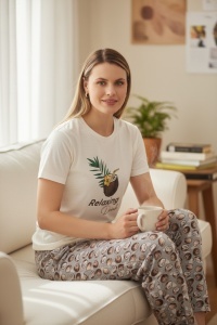 Pijama cu maneca scurta si pantaloni lungi din bumbac pentru dama COD PJ-212