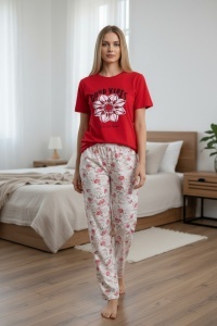 Pijama cu maneca scurta si pantaloni lungi din bumbac pentru dama COD PJ-192