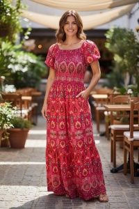 Rochie lunga de vara cu model floral elegant