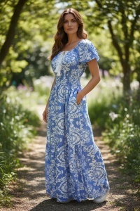 Rochie lunga de vara cu model floral elegant