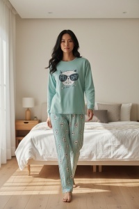 Pijama cu maneca lunga si pantaloni lungi din bumbac pentru dama COD PJ-299