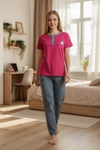 Pijama cu maneca scurta si pantaloni lungi din bumbac pentru dama COD PJ-209