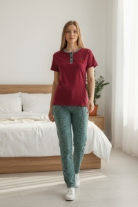 Pijama cu maneca scurta si pantaloni lungi din bumbac pentru dama COD PJ-199