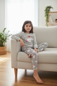 Pijama cu maneca lunga si pantaloni lungi din bumbac pentru copii COD PJ-130