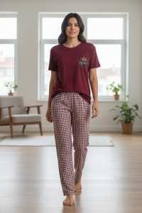 Pijama cu maneca scurta si pantaloni lungi din bumbac pentru dama COD PJ-196