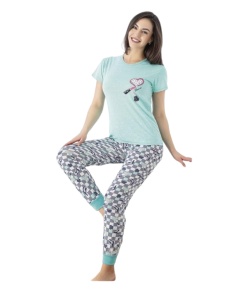 Pijama dama cu maneca scurta si pantaloni lungi din bumbac cod x1690
