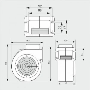 Dimensiuni ventilator MPLUSM WPA07 34W 160mc/h 280Pa