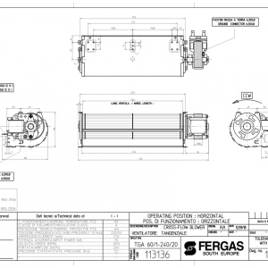 Dimensiuni ventilator tangential pentru sobe pe peleti, Fergas tga 60/1-240/20, debit 204 mc/h, 35W
