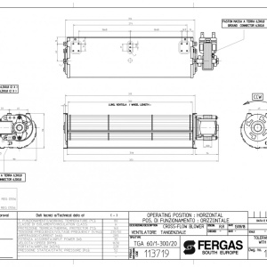 Dimensiuni ventilator tangential pentru sobe pe peleti, Fergas tga 60/1-300/20, debit 228mc/h, 35W