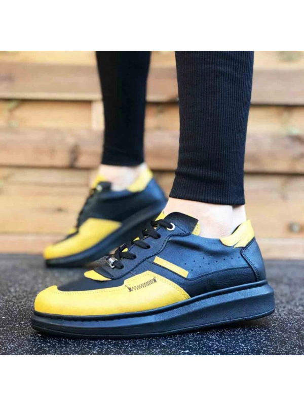Pantofi sport barbati, negri, cu aplicatii galbene, ISAHAR