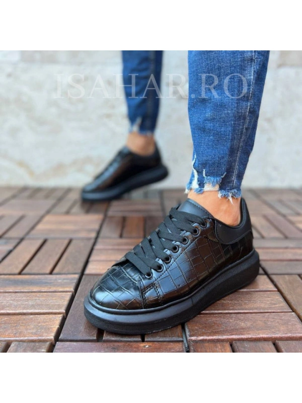 Pantofi sport barbati, casual, pentru evenimente speciale, negru lucios, ISAHAR