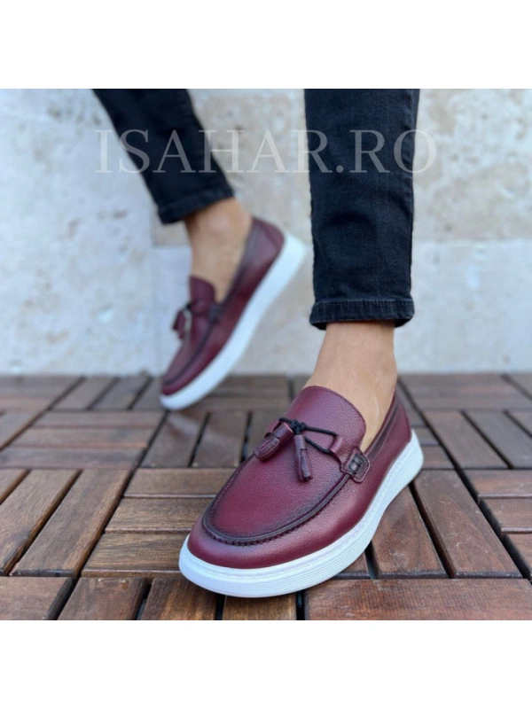 Mocasini barbati, 100% piele naturala, grena, model casual, ISAHAR