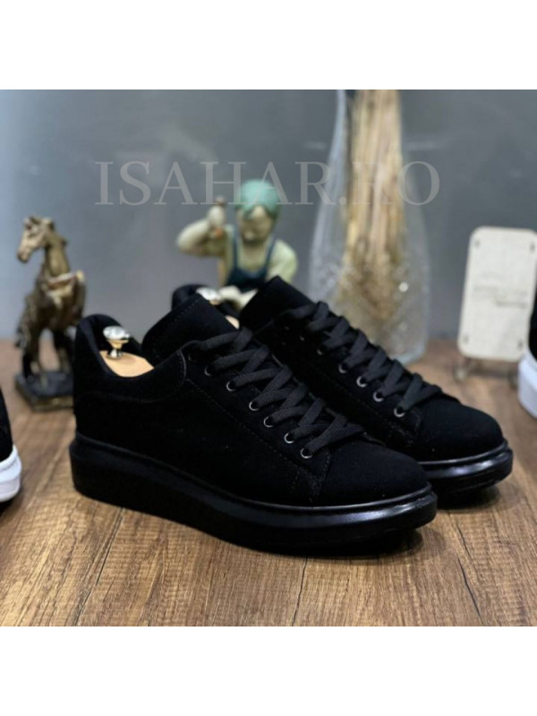 Pantofi sport barbati, negri, piele intoarsa eco, model nou, casual, ISAHAR