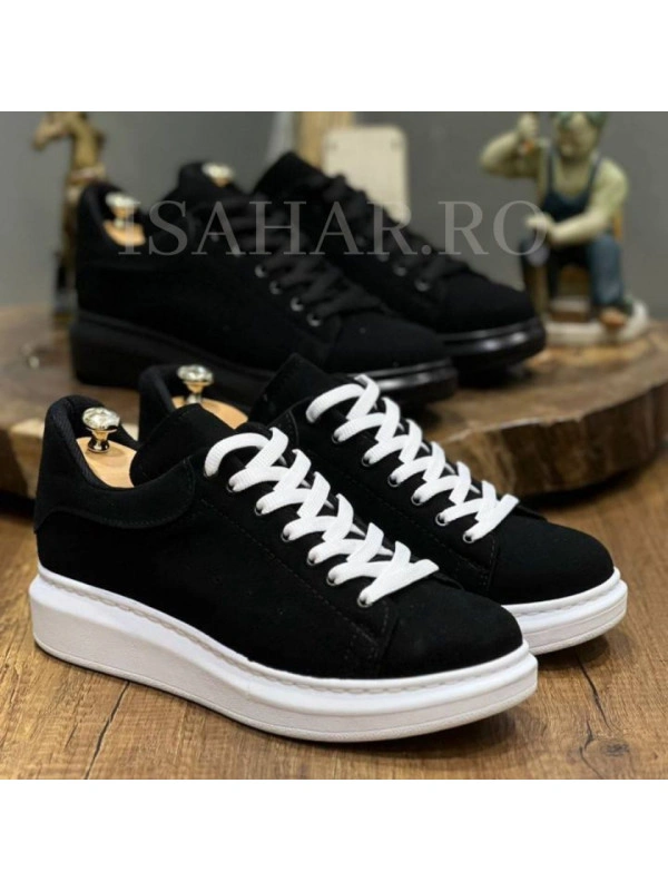 Pantofi sport barbati, negri, piele intoarsa eco, pentru o tinuta casual, ISAHAR