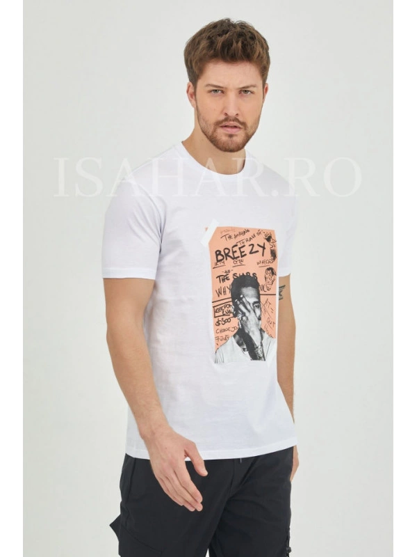 Tricou alb barbati BREEZY din bumbac, model casual premium, Isahar