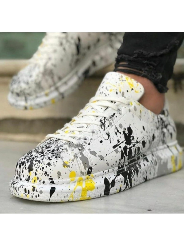 Pantofi sport unisex, albi cu imprimeu, casual, talpa cusuta din spuma