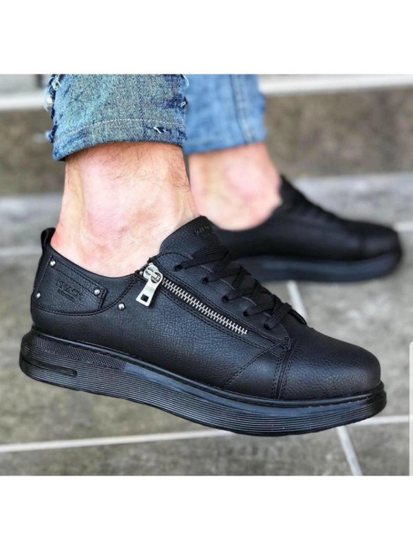 Pantofi sport barbati, negri, inchidere siret, cu fermoar decorativ, ISAHAR