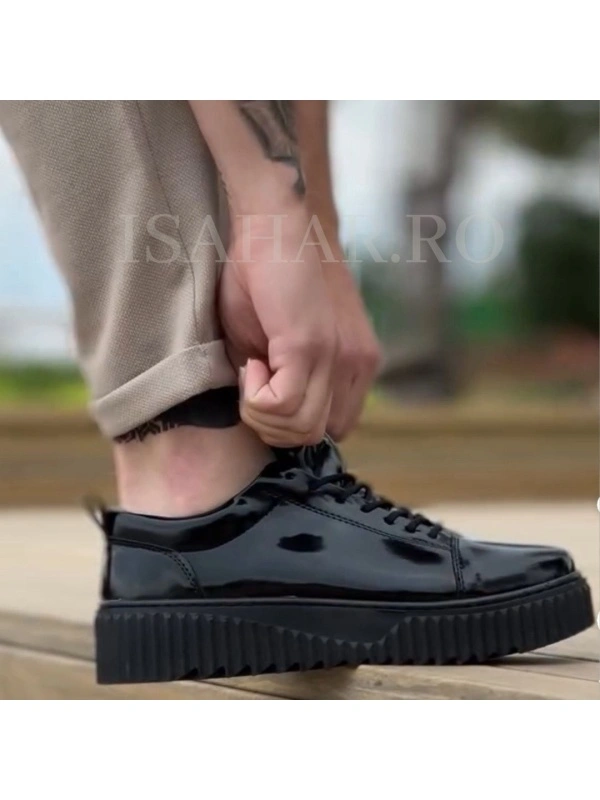 Adidasi barbati, piele lacuita, neagra, talpa speciala premium, casual, ISAHAR