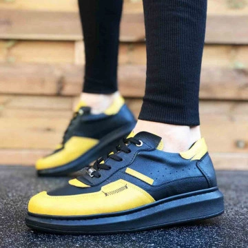 Pantofi sport barbati, negri, cu aplicatii galbene, ISAHAR