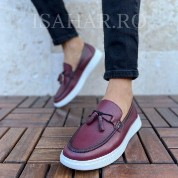 Mocasini barbati, 100% piele naturala, grena, model casual, ISAHAR