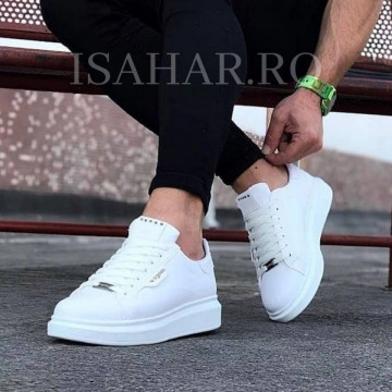Pantofi sport barbati, clasici, casual, albi, talpa inalta din spuma, model nou, ISAHAR - Img 2