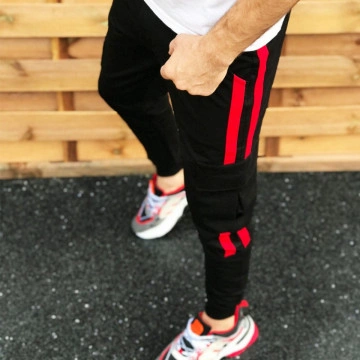 Pantaloni barbati casual negri, conici, cu dungi laterale rosii - Img 2