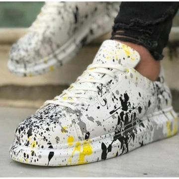Pantofi sport unisex, albi cu imprimeu, casual, talpa cusuta din spuma