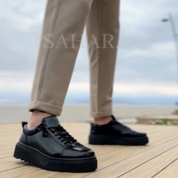 Adidasi barbati, piele lacuita, neagra, talpa speciala premium, casual, ISAHAR - Img 3