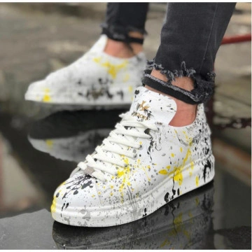 Pantofi sport unisex, albi cu imprimeu, casual, talpa cusuta din spuma - Img 2