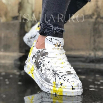 Pantofi sport unisex, albi cu imprimeu, casual, talpa cusuta din spuma - Img 4