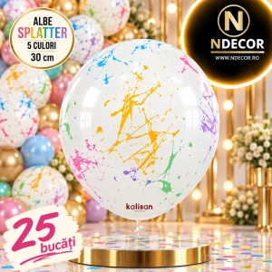 SET 25 Baloane latex 30cm Albe print Splatter 5 culori