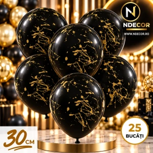 SET 25 Baloane latex 30cm Negre print Splatter Gold