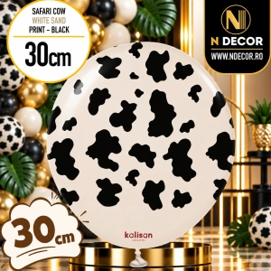 Baloane latex 30cm Safari Cow - White Sand Print - Black