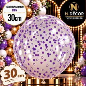 Baloane latex 30cm TRANSPARENTE cu print CONFETTI mov