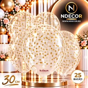 SET 25 Baloane latex 30cm Transparente cu Print Confetti Gold