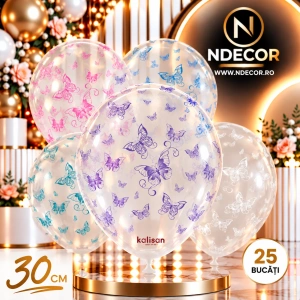 SET 25 Baloane latex 30cm Transparente cu print Fluturi