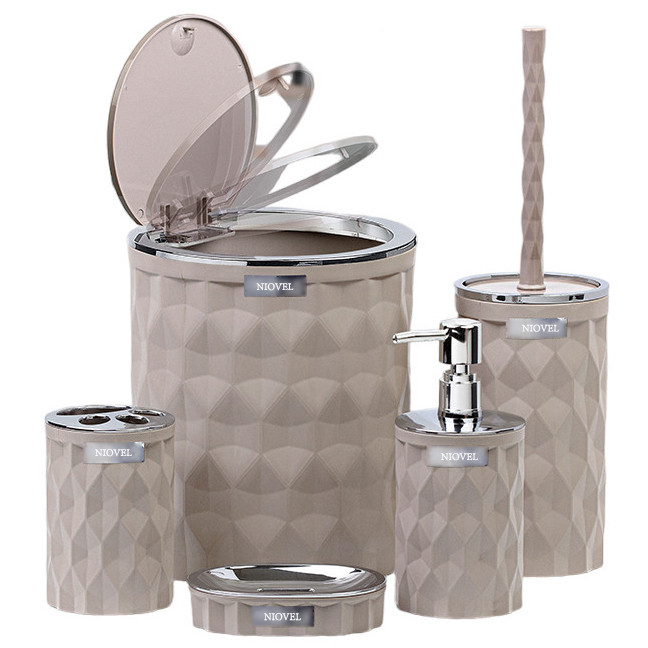Set accesorii baie 5 piese Niovel® DK1, perie wc, cos gunoi