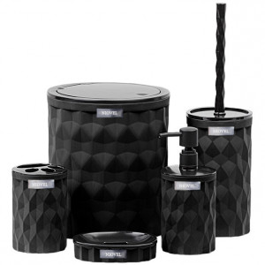 Set accesorii baie 5 piese Niovel® DS, perie wc, cos gunoi, dispenser sapun, suport periute, suport sapun, Negru