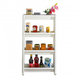 Organizator slim portabil cu roti, 4 rafturi, pentru bucatarie sau baie, Alb, 19x54x100 cm