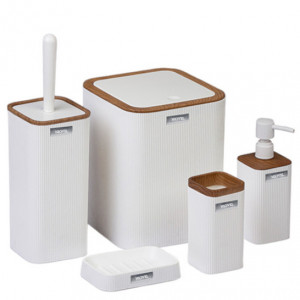 Set accesorii baie 5 piese Niovel® MKB3, perie wc, cos gunoi, dispenser sapun, suport periute, suport sapun, Alb