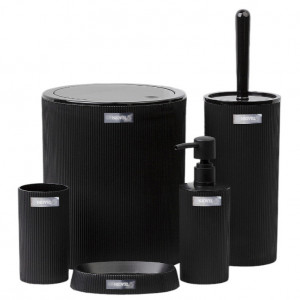 Set accesorii baie 5 piese Niovel® MYS, perie wc, cos gunoi, dispenser sapun, suport periute, suport sapun, Negru